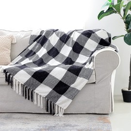 Black White Buffalo Plaid Decor Blanket, Lightweight Soft Chenille Check Knitted Rustic Farmhouse Throw with Tassels for Couch Sofa Chair Bed Office Home, Black and Ivory, 50" x 60"