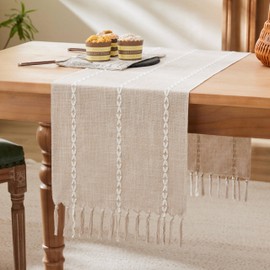 YZJZEDS Braided Farmhouse Table Runner,Braided Taupe 13x60 Inch, Cotton Linen Table Runners 60 Inches Long, Embroidered Striped Taupe Boho Table Runner Rustic Home Decor