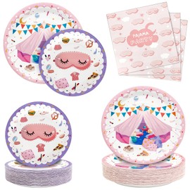 180PCS Pajama Party Supplies – Sleepover Slumber Party Tableware Set for 60 Guests, Includes Disposable Paper Plates and Napkins for Spa Party Girls Birthday Party Decorations