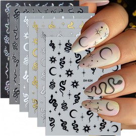 Snake Nail Stickers for Nail Art 3D Self-Adhesive Laser Gold Black White Snake Nail Decals Snake Nail Design Stickers Snake Nail Art Stickers for Acrylic Nail Supplies Women Nail Decoration 6 Sheets
