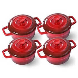 14 oz Mini Cocotte with Lid, Lareina Small Ceramic Round Casseroles Dish with Handles and Cover, Cute Stoneware Individual Severing Pot, Set of 4, Red