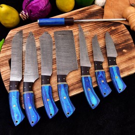 Professional Kitchen Knives set Custom Made Damascus Steel 8 pcs of Utility Chef Knife Set with Leather Case Roll Bag