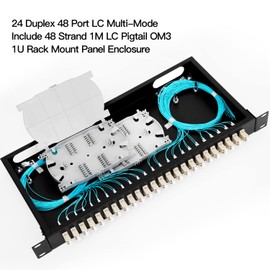 24 Duplex 48 Port LC-OM3 Multimode Fiber Enclosure Rack Mount Fiber Box LC-UPC Kit 1 RU Fits 19" Racks Cabinet (Include 2Pcs Splice Trays 48 Strand Pigtail 1M Cables Spool+48 Core LGX Loaded Patch
