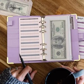 Carpeta Organizadora A6 Morada de Cuero PU con 6 Anillos para Presupuesto y Accesorios                                                                