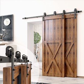Homacer Black Rustic Single Track Bypass Sliding Barn Door Hardware Kit, for Two/Double Doors, 5.5ft Long Flat Track, Classic Design Roller,
