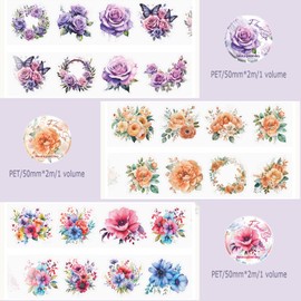 Arpaper Washi Tape Set, 3 Rolls Flowers PET Wide Washi Tapes Transparent Stickers for Scrapbooking, Journaling, Bullet Journals, Planners, Mobile Phones, Photo Albums DIY (Sea of Flowers 1)