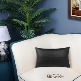 BRAWARM High Class Bolster Pillow Cover Case for Sofa Couch Home Decor Solid Dyed Luxurious Faux Leather Hand Stitched 12 X 20 Inches Black