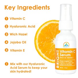 Vitamin C Serum + Hyaluronic Acid and Vitamin E, Anti Aging and Anti Wrinkle Serum for Face and Skin, Skin Tightening and Bleaching (2fl.oz/60ml)