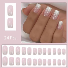 24 Pcs French Tip Press on Nails Short Square Pink Fake Nails with Glitter Acrylic Nails Designs Glue on Nails Gradient Full Cover False Nails Stick on Nails for Women Nail Decoration