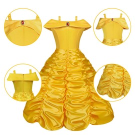 Vicloon 9 Pcs Princess Belle Costume Dress,Little Girl Princess Dresses Fancy Dress Childs Party Outfit with Crown Wand Gloves Necklace Ring and Earrings Yellow