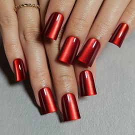 Red Press on Nails Medium Square Duck Mouth Fake Nails Cat's Eye False Nails Press Ons with Designs Glue on Nail Full Cover Reusable Acrylic Nail for Women 30Pcs