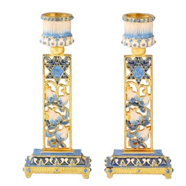 Matashi Shabbat Candlesticks Hand-Painted, Gold-Plated Pewter | Tall, Vintage Craftsmanship | Personal or Religious Use (Blue)