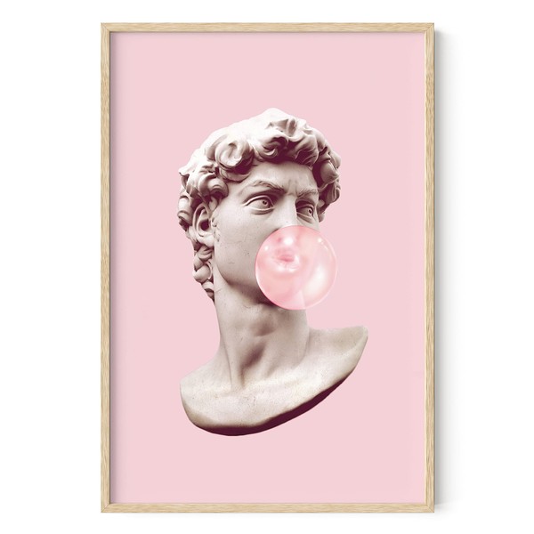 HAUS AND HUES Gum Poster David Bubble Pop Art | Pop Art Wall Decor, Pink Pictures Wall Decor, Pink Posters for Room Aesthetic | Blush Pink Room Decor for Bedroom Wall Art | BEIGE FRAMED 24” x 36”