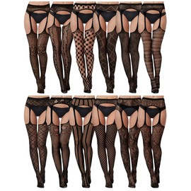 Skylety 12 Pairs Women Fishnet Thigh High Stockings Patterned Tights Suspender Pantyhose Stockings for Women(Classic)