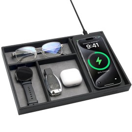 Valet Tray, Built in Wireless Charging Pad, Nightstand Organizer, Two-Toned Premium Vegan Leather Desk Bedside Caddy Organizer Tray for Keys, Watch, Wallet, Jewelry (Black+Gray)
