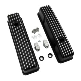Black Aluminum Finned Tall Valve Covers Compatible with Small Block Chevy 350