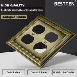 BESTTEN Antique Brass 2 Gang Duplex Wall Plate for Electrical Outlets, Double Decorative Metal Receptacle Cover, Aged Brass, 2 Pack, Grand Collection Zinc Alloy Series