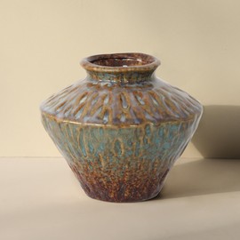 Janpu Ceramic Rustic Vase, Antique Ceramic Decorative Farmhouse, Short Vase for Home Decor, Living Room, Shelf Decor, Enterway, Wedding, Table Decor, (Light Blue and Yellow)