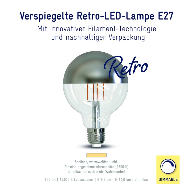 Müller-Licht Retro LED Globeform Filament E27 Mirrored, 8.5 W Replaces