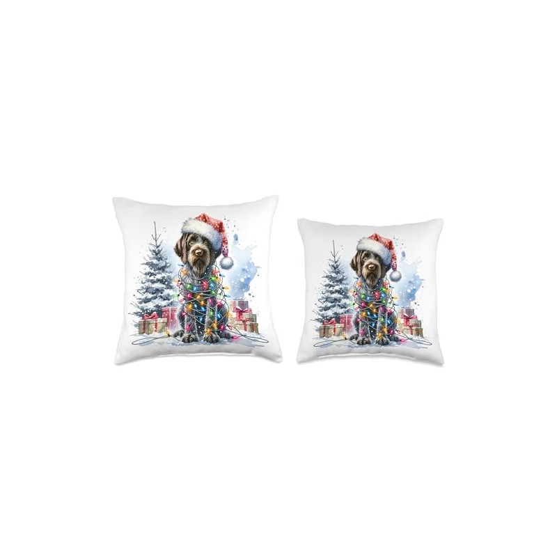 Watercolor German Wirehaired Pointer Dog Christmas Lights Throw Pillow