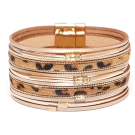 Rumnoke Leather Wrap Bracelets for Women Leopard Multi-Layer Wristband Cuff Bangle Wide Tube