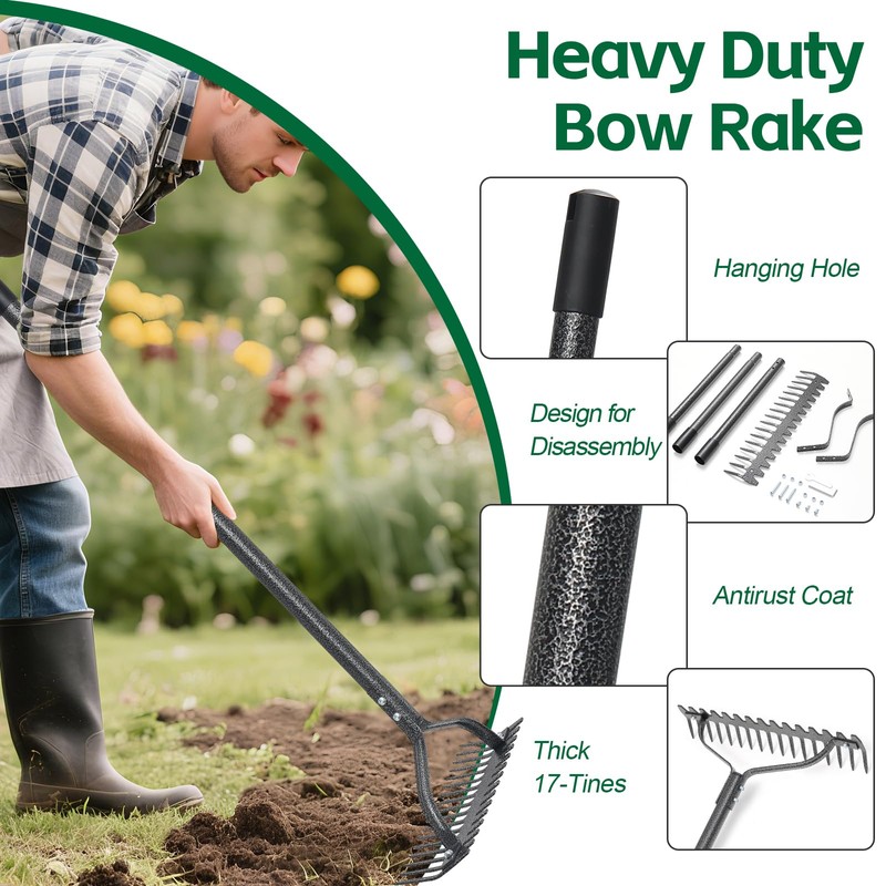 Bow Rake, 63" Adjustable Long Handle Lawn Leveling Garden Rake