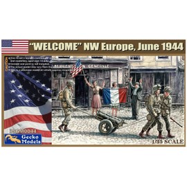 Gekko Model GEC35GM0044 1/35 US Army Northwest Europe June 1944 Figure Set, "Welcome! 6 Pieces and Cart Included, Plastic Model