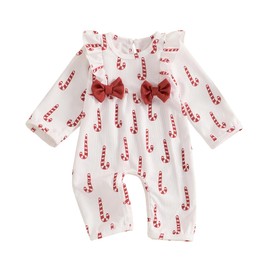 Newborn Baby Girl Christmas Outfit Waffle Knit Santa Candy Jumpsuit Romper Ruffle Bodysuit Long Overalls with Bow (Red White, 3-6 Months)