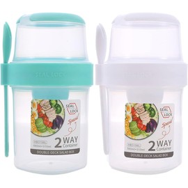 Paquete de 2 recipientes de avena durante la noche, tarros de avena de 2 niveles con tapa y cuchara, tazas de desayuno sobre la marcha, tarro portátil de avena de yogur y cereales a prueba de fugas y