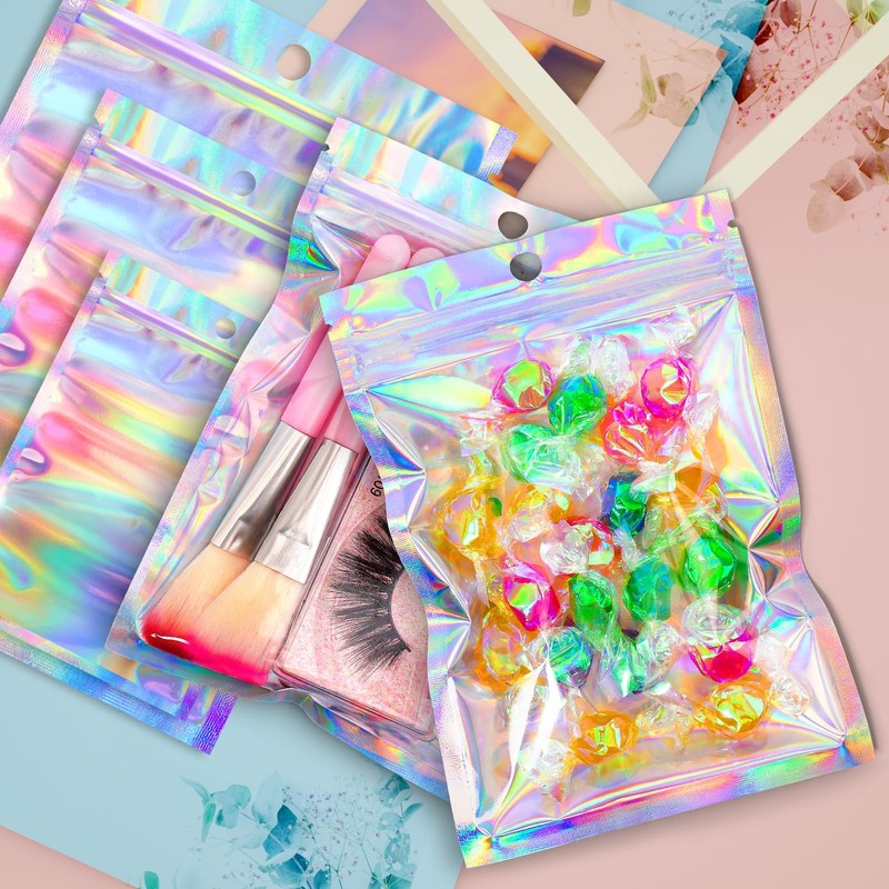 Funfery 100 pcs Mylar Holographic Bags Packaging Bags,Clear Resealable Bag