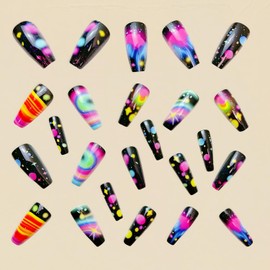 MIXFOSAHN Press on Nails Medium Sqaure Fake Nails Black Space False Nails with Color Planetary Orbit Designs Full Cover Stick on Nails Fake Nail Glue on Nails Acrylic Nails for Women Girls 24 Pcs