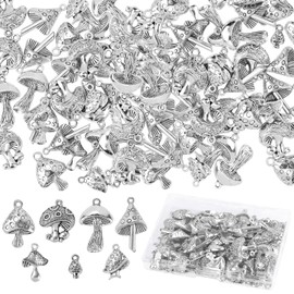 42PCS Mushroom Charm, UHOMENY Mushroom Charms Pendants Beads for Jewelry Making Antique Silver Mushroom Charms Craft Jewelry Findings for DIY Necklace Bracelet Crafting with Box, 7Styles