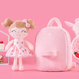 Gloveleya Kids Backpack for Girls backpacks Plush bag with Soft doll for Toddler baby Strawberry 9 Inches