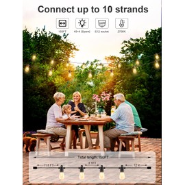 Svater Outdoor String Lights 150 FT, Patio Lights Waterproof IP65 with 49 pcs Shatterproof LED Bulbs, Commercial Grade ETL-Listed Dimmable Outside Market Bistro Backyard Cafe Lights, Warm White