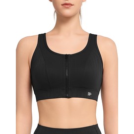 Yvette High Impact Sports Bras for Women Front Zipper Jacquard Plus Size Full Support Molded Cup Sports Bra for Running,Black,L