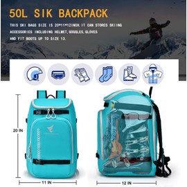 Ski Boot Bag, 50L Ski Boot Travel Backpack, Waterproof Ski and Snowboard Boots, Skiing and Snowboarding Travel Luggage for Ski Helmet, Goggles, Snowboard, Gloves & Accessories (Lake Blue)