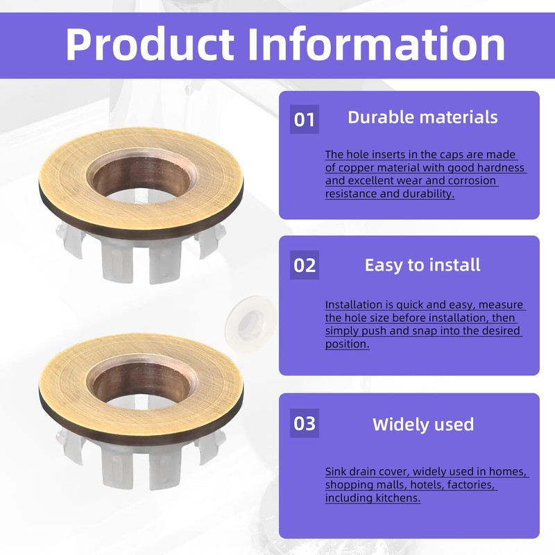 8Pcs Brass Sink Overflow Trim Ring with 2 Adhesive Hook,Brass