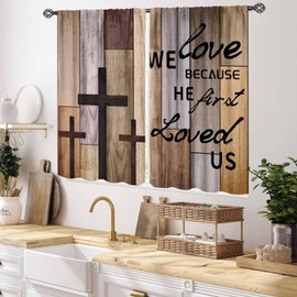 Farmhouse Wooden Curtains, Rustic Brown Wood Board Bible Verse Cross Country Cottage Western Barnwood Garage Old Plank Drapes Window Curtains for Living Room Bedroom Kitchen 2 Panels, 55x39 Inch