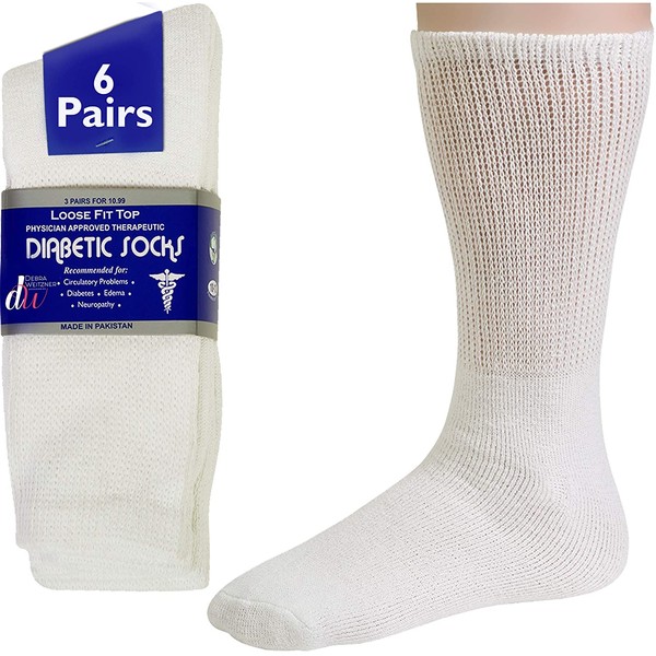 Diabetic Socks Mens Cotton 6-Pack Crew White By DEBRA WEITZNER crew/white Mens 13-15