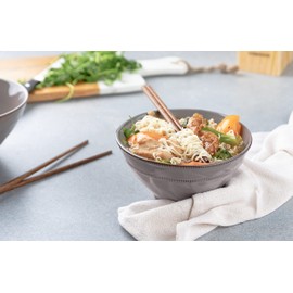 KooK Japanese Ramen Bowls, Microwavable, Dishwasher Safe, Terracotta, for Rice, Udon, Soba, Pho, 36 oz, Carbon Grey, Set of 2, with 2 Sets of Wooden Chopsticks,