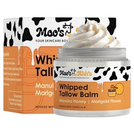 Moo's and Ahh's Bálsamo de sebo batido – Sarga de res para la piel con centella orgánica y escualano de oliva | Crema hidratante facial y corporal de ternera alimentada con pasto para piel seca (2 onzas, miel de manuka + flor de caléndula)
