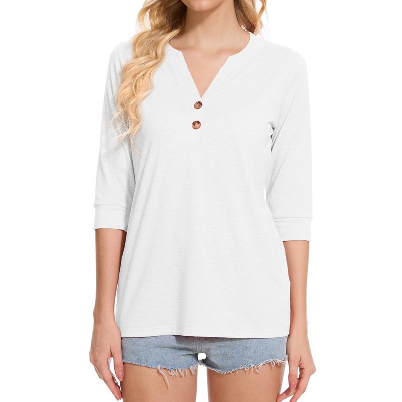 Dimur Womens Tops 3/4 Sleeve Summer V Neck Button Down