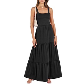 ANRABESS Summer Maxi Dresses for Women 2024 Casual Long Beach Vacation Dress Flowy Sleeveless Square Neck Tiered A Line Smocked Sun Dresses with Pockets Black Large