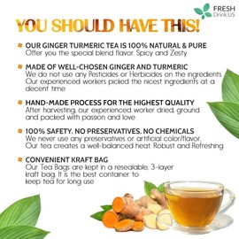 Premium 210 Turmeric Ginger Tea Bags – 100% Natural Ingredients, Eco-Conscious, Caffeine-Free, Vegan & Gluten-Free Herbal Tea