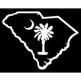 Sc State Outline with South Carolina Palmetto Moon Sticker White - Die Cut Decal Bumper Sticker for Windows, Cars, Trucks, Laptops, Etc.