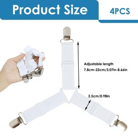 4 Pcs Bed Sheet Clips, Bed Corner Holder, Adjustable Mattress Cover Clips in Place, Fitted Bed Sheet Grippers, Elastic Heavy Duty Bedding Sheets Straps Fasteners, Bedsheet Tie Downs (White)