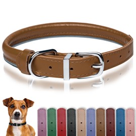 OOPSDOGGY Rolled Leather Dog Collar Reflective Roll Colars for Small Medium Large Dogs Puppy (Caramel, L, 35-45 cm)