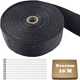 Exhaust Heat Tape, Car Exhaust Wrap, Deecam 10M Black Glass Fiber Thermal Tape with Stainless Steel Cable Ties, Used for Motorcycle Auto Exhaust Manifold Heat Insulation Tape