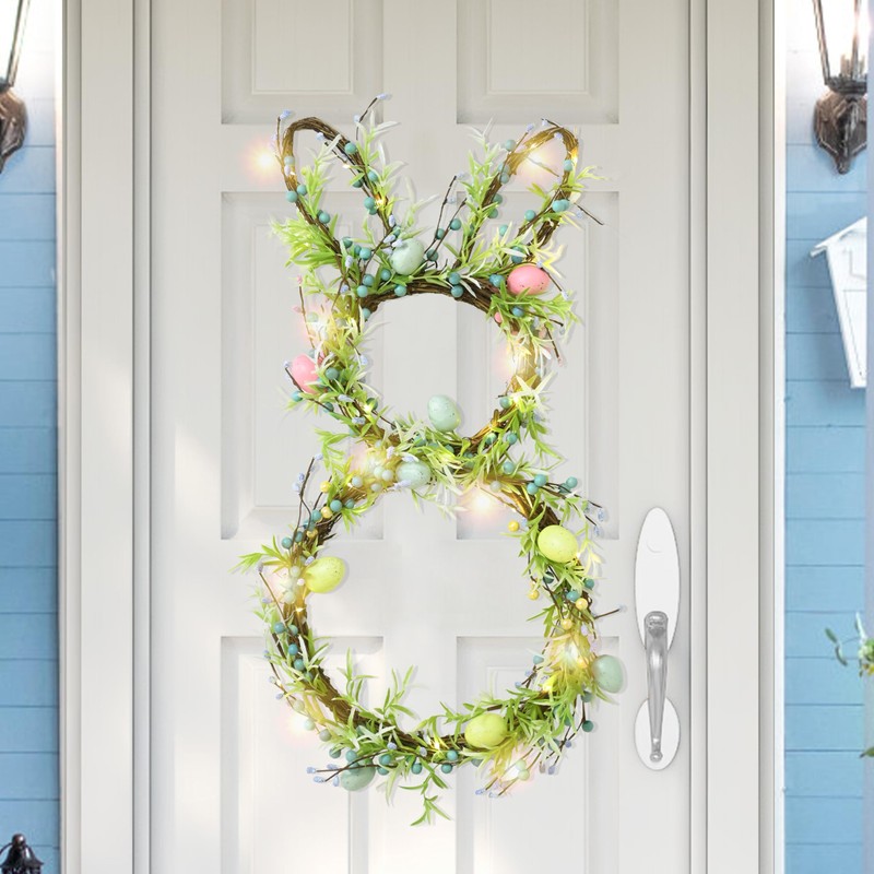 AOMOONOA Easter Bunny Spring Wreath for Front Door, Lighted Easter