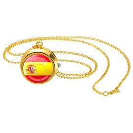 JewelryWe Pocket Watch Men's World Cup Flag Chain Watch Analogue Quartz Watch with Necklace Chain Pocket Watch Gift for Men Women, spain, Classic